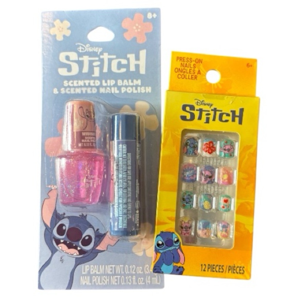 Disney Stitch Lip Balm, Nail Polish, and Press-On Nails Set - Pink and Blue NEW